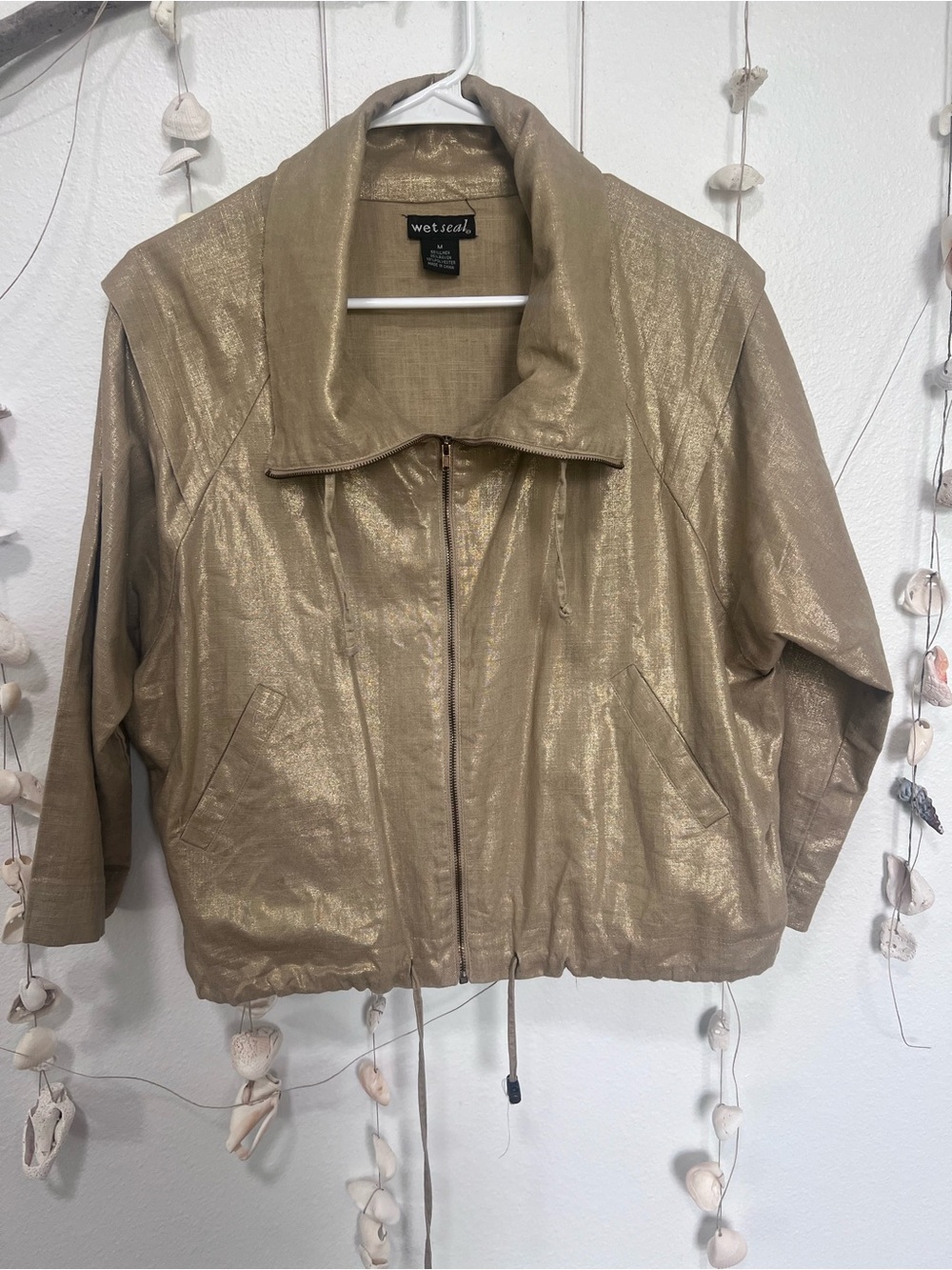 Wet Seal Metallic Gold Linen Blend Zip Up Jacket (Size M)